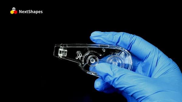 Close-up of a 3D printed transparent component held in a blue nitrile glove, made with NextShapes 8001 transparent resin (90.8% light transmittance), showcasing crystal clarity, zero impurities, and bubble-free finish