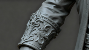 Close-up of 3D printed character figure cuff detail, showcasing intricate engravings preserved with NextShapes Standard Pro Resin