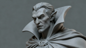 Unpainted grey 3D printed vampire bust made with NextShapes Standard Pro Resin, highlighting crisp detail preservation