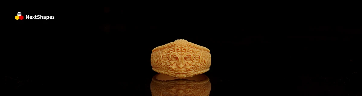 Front view of a 3D printed intricate jewelry ring made with NextShapes High Resolution 8K Pro Red Ceramic Resin, showcasing precise restoration of subtle crocodile patterns and exquisite surface details