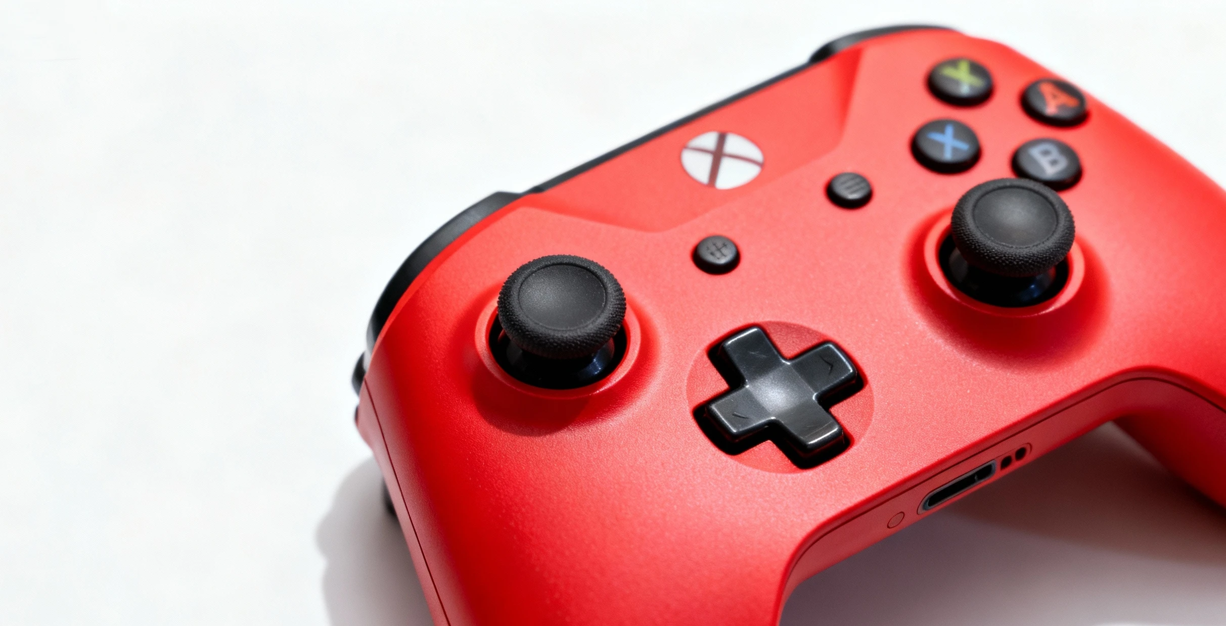 Close-up of a 3D printed red game controller prototype made with NextShapes Standard Pro resin, showcasing precise button details, smooth surface finish, and high-fidelity replication of ergonomic design