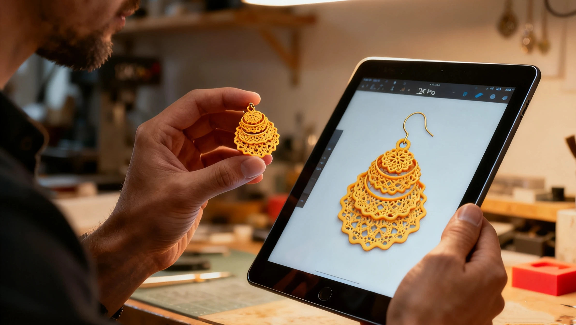 Jewelry design scene: a designer holding a 3D printed golden earring prototype next to a tablet displaying the digital model, made with NextShapes High Resolution 12K Pro resin