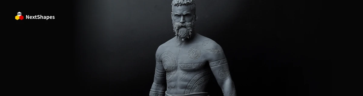 Bust view of 3D printed God of War Baldur figure made with NextShapes Rigid Pro resin, showcasing precise tattoo details, matte texture, and high-fidelity character replication