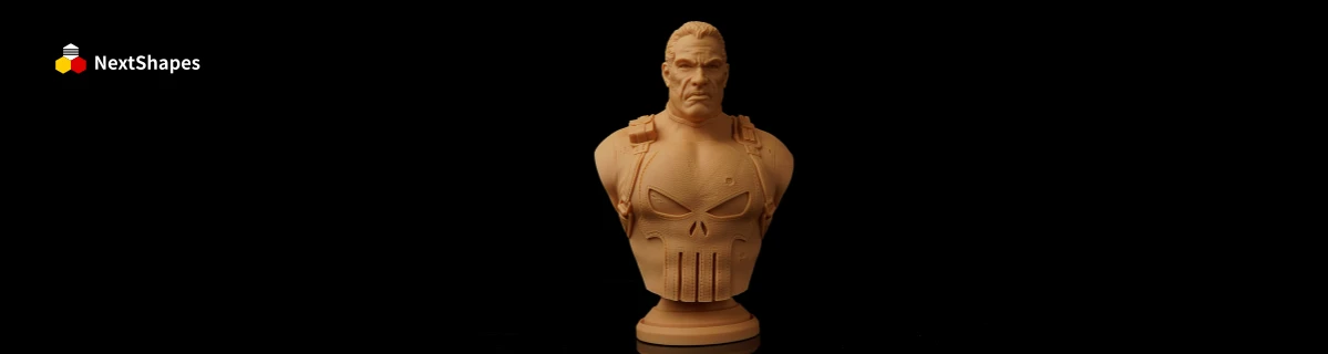Front view of 3D printed The Punisher (Marvel character) bust made with NextShapes High Resolution 8K Pro Red Wax Resin, showcasing precise skull emblem and character details