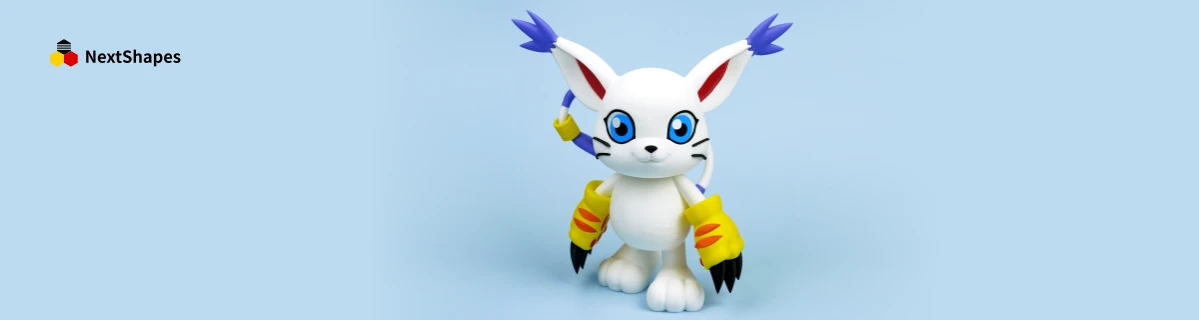 Front view of 3D printed Gatomon (Digimon/Pokemon) figure made with NextShapes Standard PLA filament, showcasing delicate texture, precise dimensional accuracy, and vibrant color details