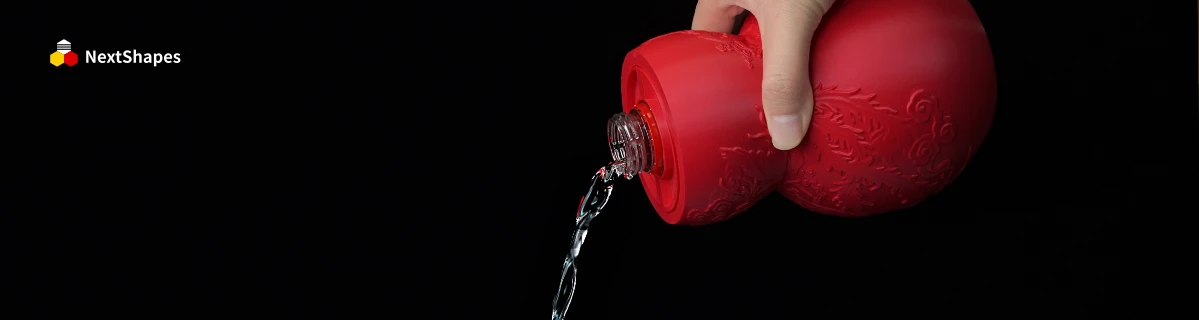 Water-pouring demo of a 3D printed red gourd decorative piece made with NextShapes Standard PLA filament, demonstrating structural integrity, tight sealing, and high dimensional accuracy