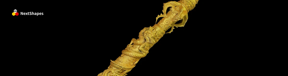 Close-up of 3D printed Ruyi Jingu Bang (Golden Cudgel) cosplay prop made with NextShapes PLA Pro filament, showcasing rich golden color and intricate carved details