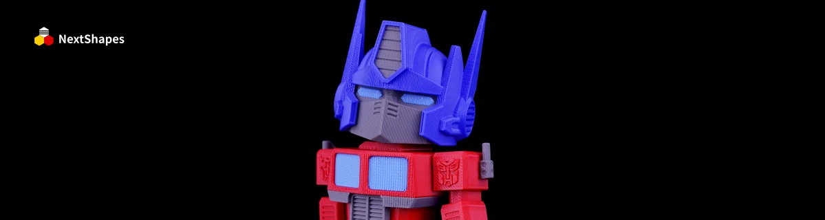 Close-up of 3D printed Optimus Prime (Transformers) figure made with NextShapes Standard PLA filament, showcasing precise dimensional accuracy, delicate texture, and vibrant color details