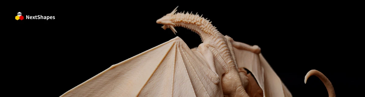 Full view of a 3D printed dragon sculpture made with NextShapes Standard Pro Rigid Resin, showcasing high strength, precise detail reproduction, and intricate wing membrane textures
