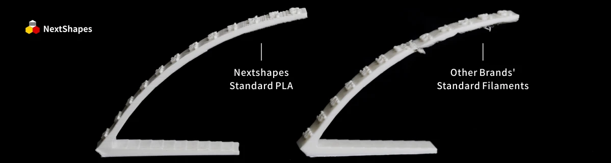 Side-by-side comparison test of 3D printed curved parts: NextShapes Standard PLA (left) vs other brands' standard filaments (right), demonstrating superior dimensional stability and smooth surface finish