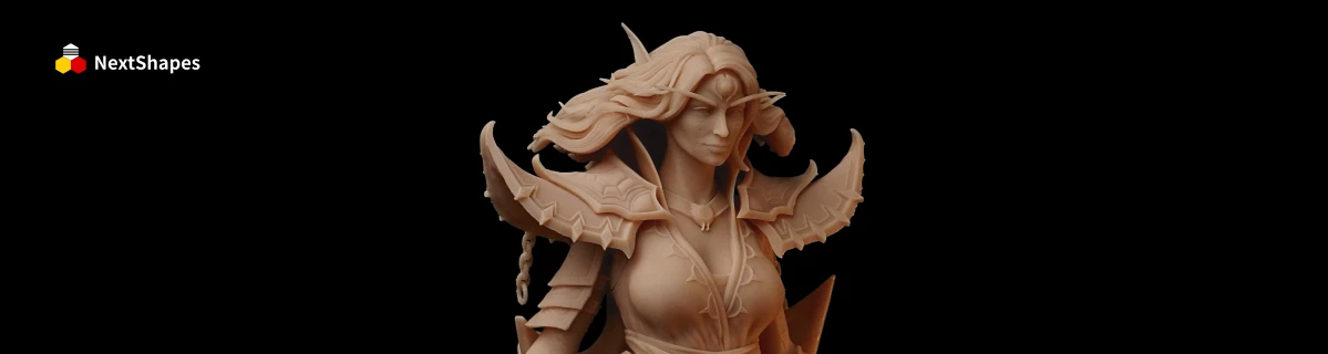 Bust view of a 3D printed fantasy female character sculpture made with NextShapes Standard Pro Rigid Resin, showcasing intricate armor details, smooth surface finish, and high detail fidelity