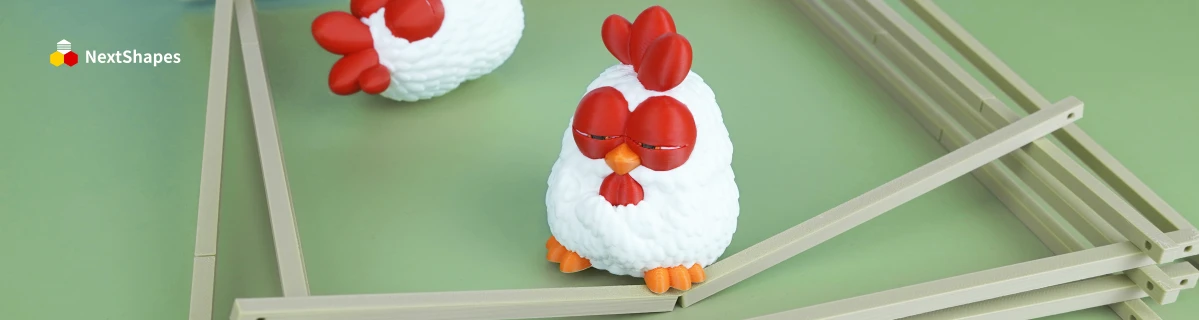 Duo view of 3D printed cute chicken figures made with NextShapes Standard PLA filament, showcasing smooth fluffy texture, vibrant color, and consistent batch quality