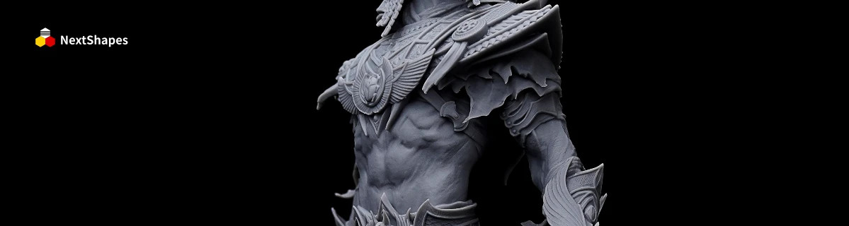 Bust view of a 3D printed fantasy character sculpture made with NextShapes Standard Pro Rigid Resin, showcasing intricate armor textures, precise detail reproduction, and exceptional hardness
