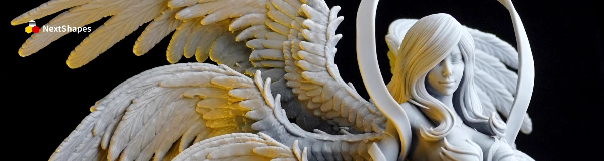Close-up detail view of 3D printed Angel Beast figure's wings and head made with NextShapes Standard Pro Rigid Resin, showcasing clear feather textures and smooth surface finish