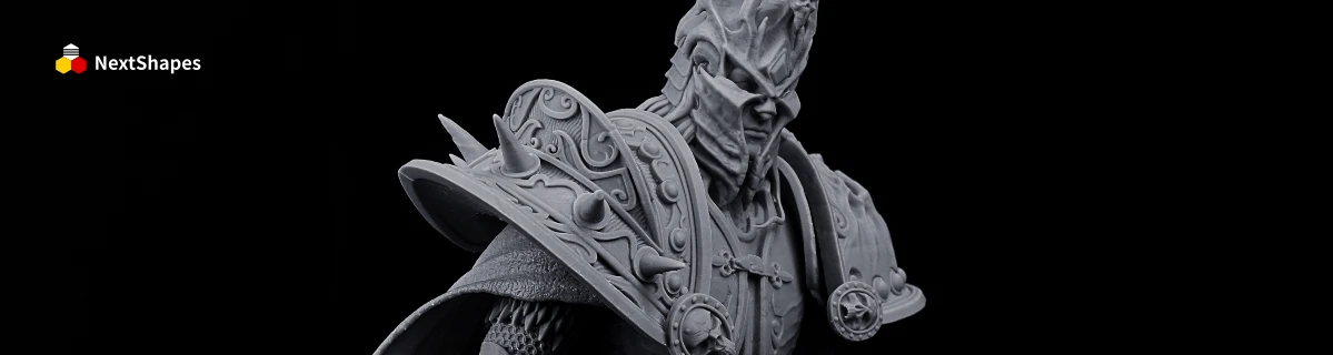 Close-up detail view of 3D printed Lich King Arthas bust armor made with NextShapes Standard Pro Rigid Resin, showcasing precise spike and chainmail textures, crack-free durability, and high detail fidelity