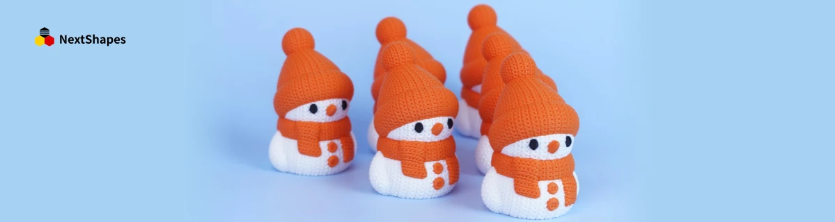 Group view of 3D printed snowman figures made with NextShapes Standard PLA filament, showcasing clog-free printing results, smooth texture, and consistent quality