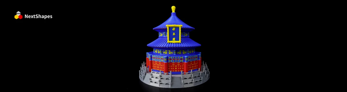 Front view of a 3D printed miniature Temple of Heaven model made with NextShapes Standard PLA filament, showcasing vibrant multi-color detailing and precise architectural replication