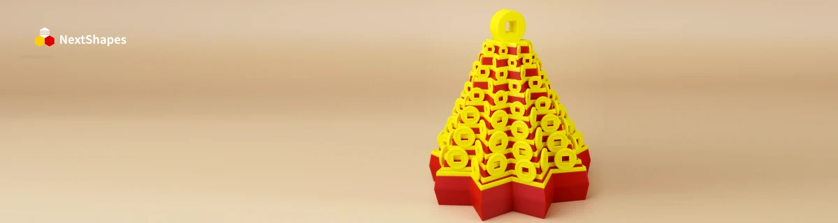 Red-yellow view of a 3D printed golden tree model made with NextShapes Standard PLA filament, showcasing clog-free printing, intricate branch details, and smooth surface finish