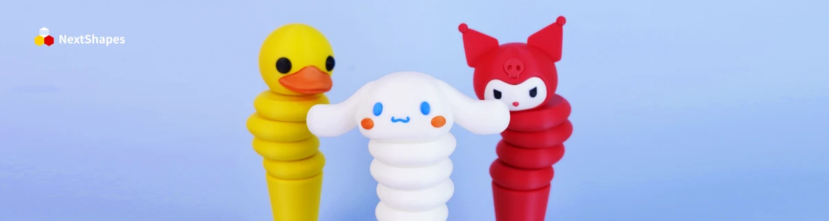 Collection of 3D printed cartoon toys (rubber duck, Cinnamoroll, red cat figure) made with NextShapes Standard PLA filament, showcasing precise diameter control, smooth surface finish, and vibrant color