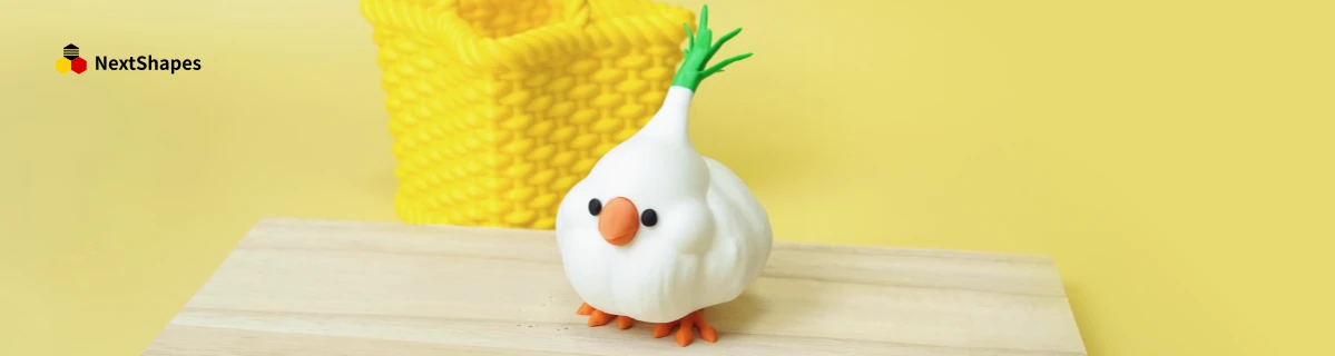 Single view of a 3D printed garlic bird figure made with NextShapes Standard PLA filament, showcasing 0.1mm dimensional accuracy, smooth surface finish, and assembly-ready precision
