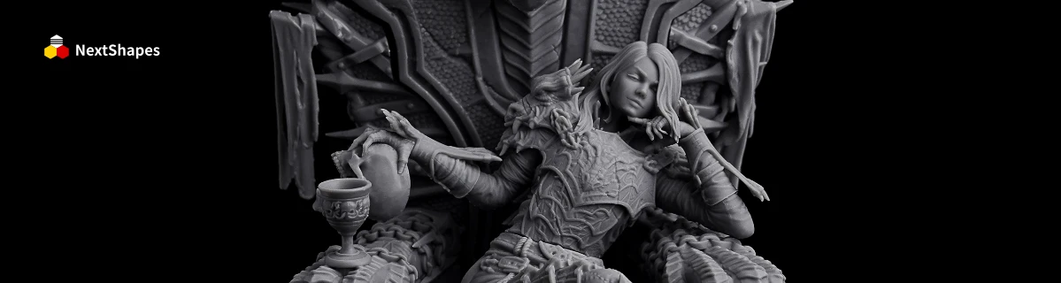 Full view of a 3D printed fantasy character on throne sculpture made with NextShapes Standard Pro Rigid Resin, showcasing intricate hair strands, armor details, and smooth surface finish
