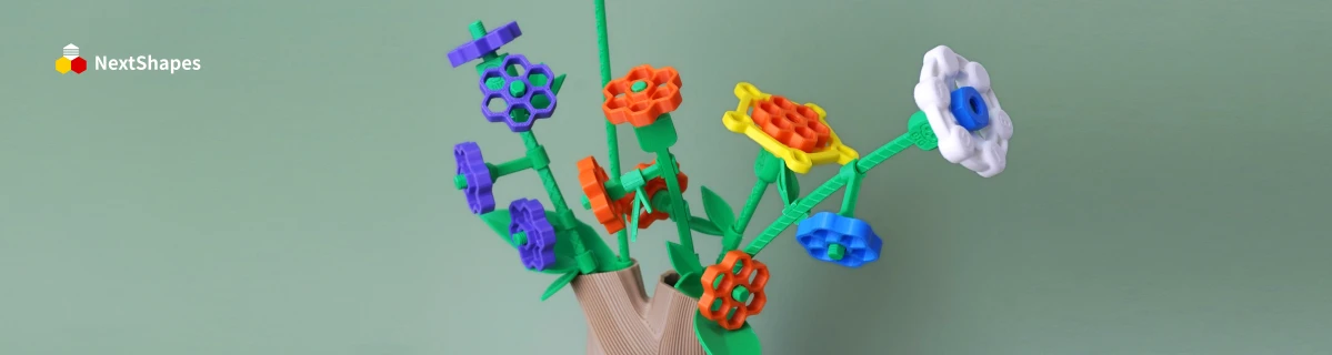 Display of 3D printed colorful block flower bouquet made with NextShapes Standard PLA filament, showcasing 0.1mm dimensional accuracy, smooth surface finish, and assembly-ready precision