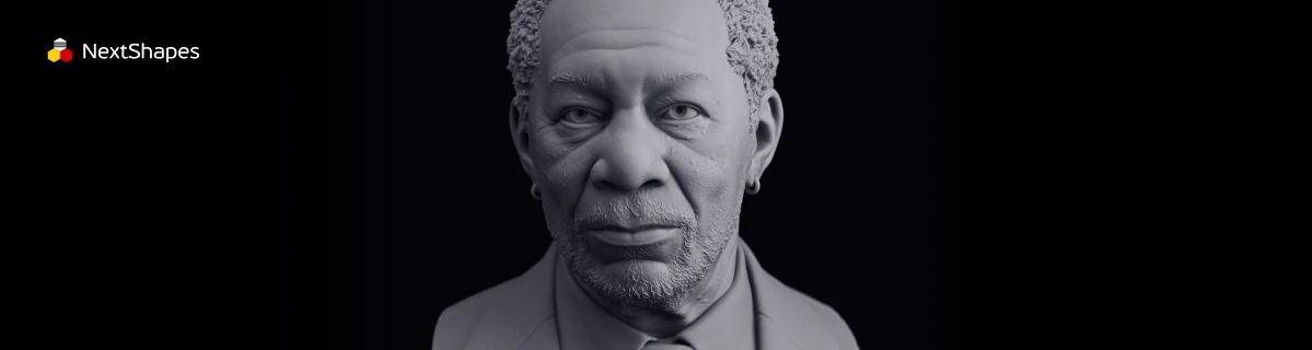 Bust view of a 3D printed realistic male figure sculpture made with NextShapes Standard Pro Rigid Resin, showcasing exceptional detail clarity, smooth surface finish, and precise facial feature reproduction