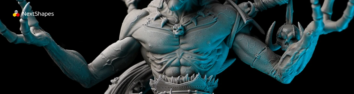 Bust detail view of a 3D printed multi-arm demon figure made with NextShapes Standard Pro Rigid Resin, showcasing exceptional strength, smooth surface finish, and intricate muscle and skull details