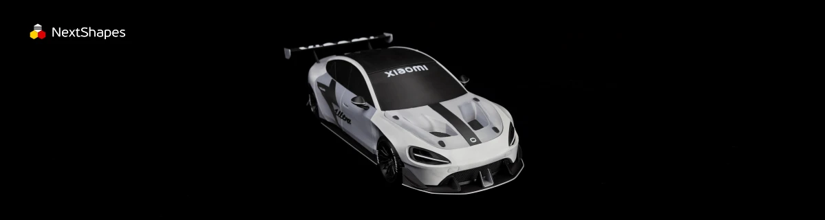 Single view of a 3D printed white Xiaomi SU7 Ultra car model made with NextShapes Standard PLA filament, showcasing precise line reproduction, smooth surface finish, and high printing precision