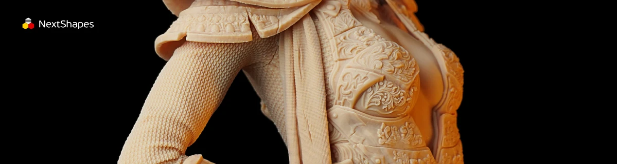 Close-up detail view of 3D printed fantasy character armor made with NextShapes Standard Pro Rigid Resin, showcasing intricate carvings, smooth surface finish, and high hardness