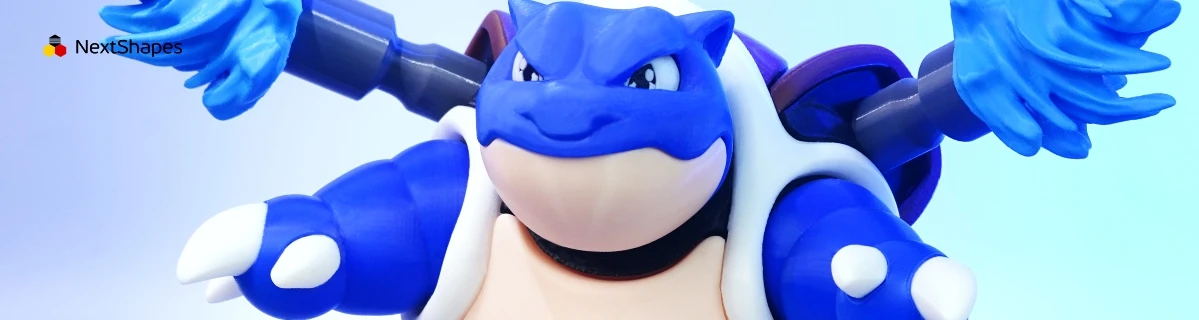 Close-up of 3D printed Blastoise (Pokemon) figure made with NextShapes Standard PLA filament, showcasing vibrant blue-white color scheme, fine textures, and precise dimensional details