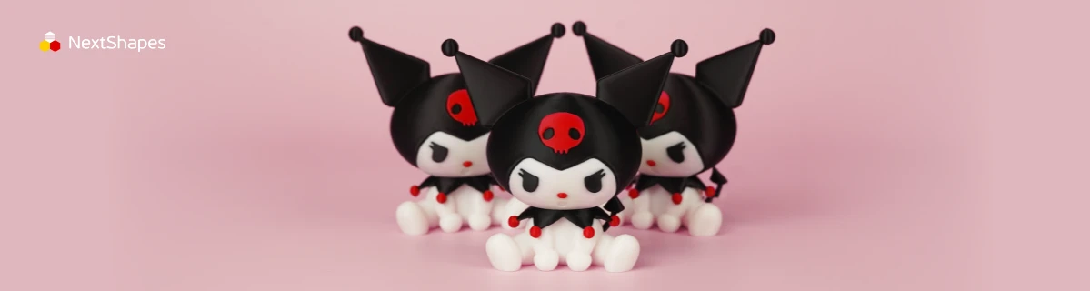 Collection of 3D printed Kuromi figures made with NextShapes Standard PLA filament, showcasing clog-free printing, smooth surface finish, and easy part removal with no residue