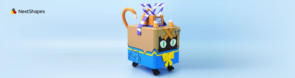 Display of 3D printed cardboard cat figure made with NextShapes Standard PLA filament, showcasing clog-free printing, crisp details, and smooth surface finish