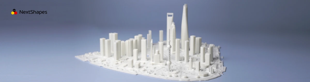 Panoramic view of 3D printed Shanghai Trio skyline model made with NextShapes Standard PLA filament, showcasing consistent extrusion, clean surface finish, and no visible layer lines