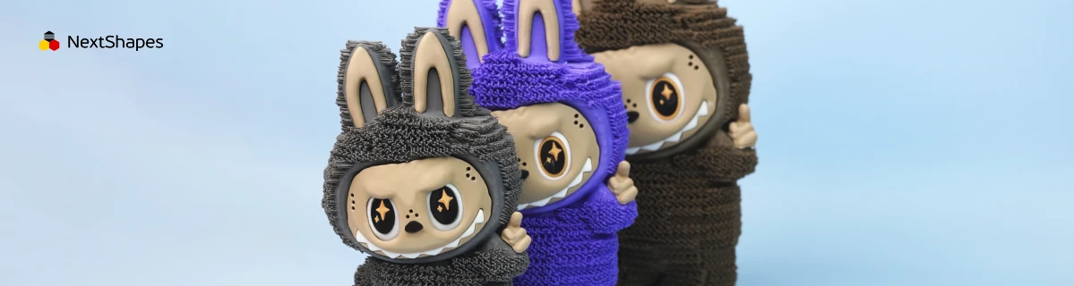 Collection of 3D printed Labubu figures made with NextShapes Standard PLA filament, showcasing smooth surface finish, consistent extrusion, and no nozzle clogging issues