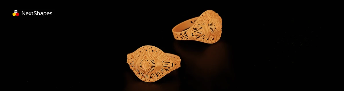 Display of 3D printed lace ring jewelry prototypes made with NextShapes High Resolution 8K Pro Resin, showcasing mirror-like smooth surface, intricate openwork details, and high precision
