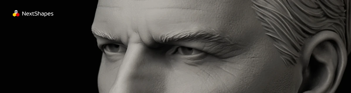 Close-up of 3D printed realistic facial details made with NextShapes Standard Pro Rigid Resin, showcasing high precision, smooth surface finish, and intricate texture reproduction