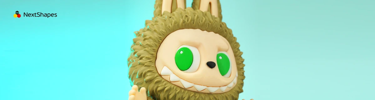 Close-up of 3D printed Labubu figure made with NextShapes Standard PLA filament, showcasing fine surface texture, crisp facial details, and vibrant green eyes