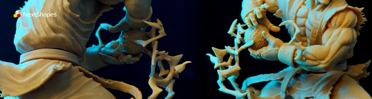 Half-body detail comparison of 3D printed fighter sculpture made with NextShapes Standard Pro Rigid Resin, showcasing exceptional muscle texture, intricate clothing folds, and high detail resolution