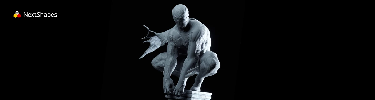 Panoramic view of a 3D printed Spider-Man crouching sculpture made with Magforms SL600 3D printer, showcasing high precision, stable printing performance, and intricate pose details