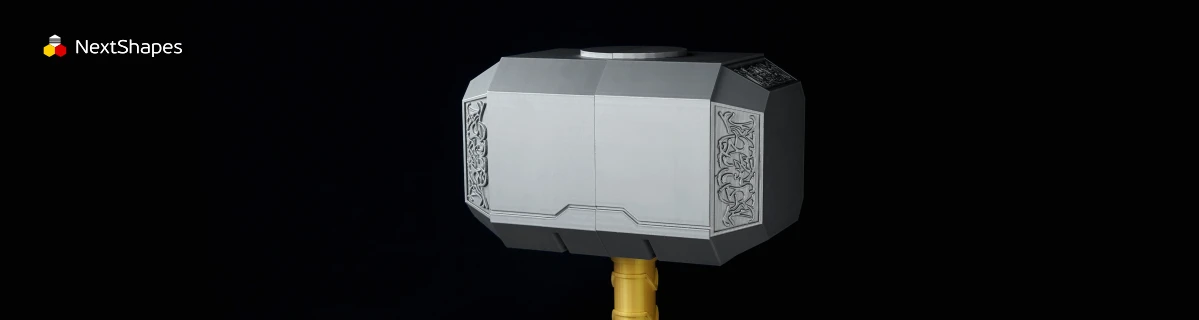 Head view of 3D printed Thor's Hammer (Mjolnir) made with NextShapes Standard PLA filament, showcasing refined texture, intricate carvings, and excellent warp resistance