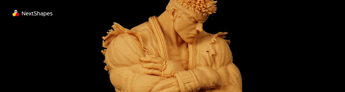 Half-body view of 3D printed fighter sculpture made with NextShapes High Resolution 8K Pro Red Ceramic Resin, showcasing high precision, sharp textures, and premium matte finish