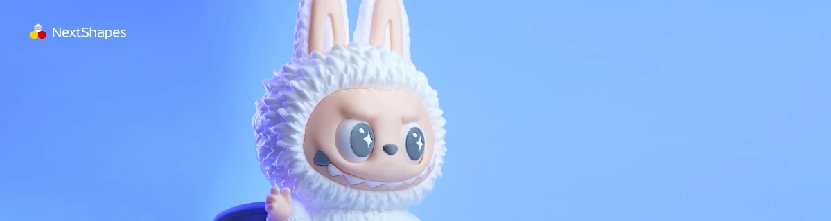 Display of 3D printed white Labubu figure made with NextShapes Standard PLA filament, showcasing zero warping, high dimensional accuracy, and smooth surface texture