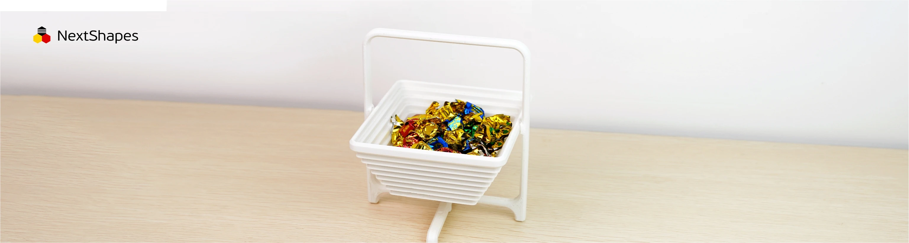 Display of 3D printed white storage basket made with NextShapes Standard PLA filament, showcasing excellent compatibility, stable printing, and consistent color reproduction