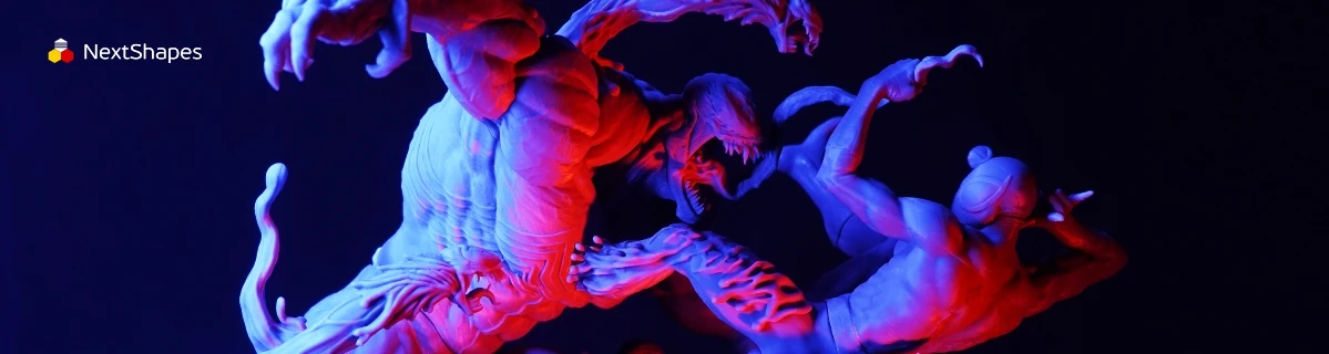 Panoramic view of 3D printed Spider-Man vs Venom battle scene made with NextShapes Standard Pro Rigid Resin, showcasing balanced mechanical properties, superior detail resolution, and durable performance