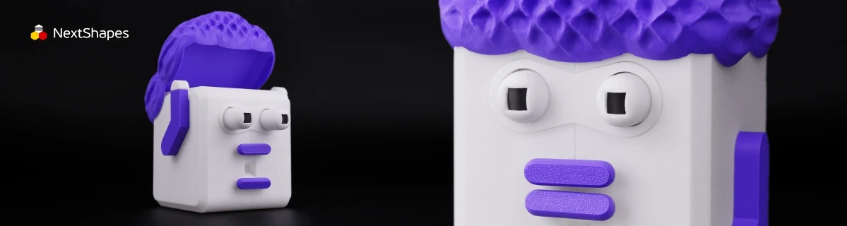 Panoramic view of 3D printed cartoon block figure made with NextShapes Standard PLA filament, showcasing near-zero clogging performance, smooth surface finish, and consistent color