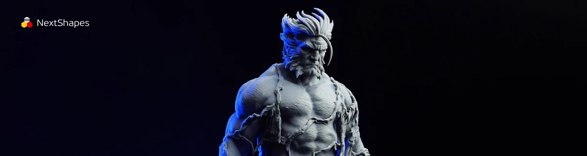 Full view of 3D printed Wolverine figure made with NextShapes Standard Pro resin, showcasing high strength, precise detail reproduction of adamantium claws, battle suit textures, and muscular definition
