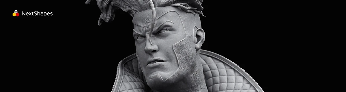 Close-up of 3D printed game character head details made with NextShapes Standard Pro Rigid Resin, showcasing high precision, glass-smooth surface finish, and intricate facial features