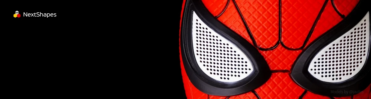 Close-up of 3D printed Spider-Man mask eye details made with NextShapes Standard PLA filament, showcasing precise mesh texture, zero warping, and smooth surface finish