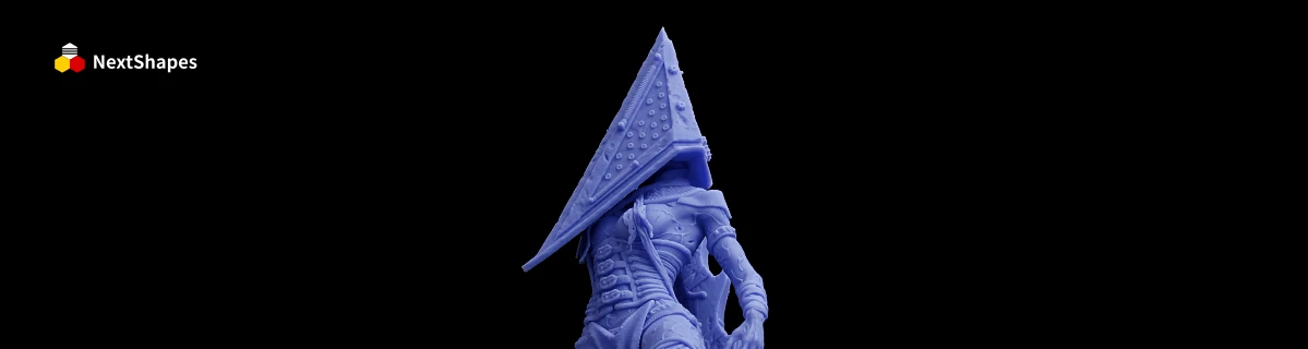 Full view of 3D printed Pyramid Head-style character sculpture made with NextShapes Standard Pro Rigid Resin, showcasing precise body proportion replication, well-defined muscle contours, and crisp clothing textures